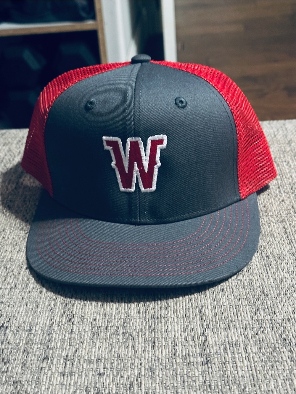 CHAMPRO Red and Gray Trucker Hat with 'W' Logo